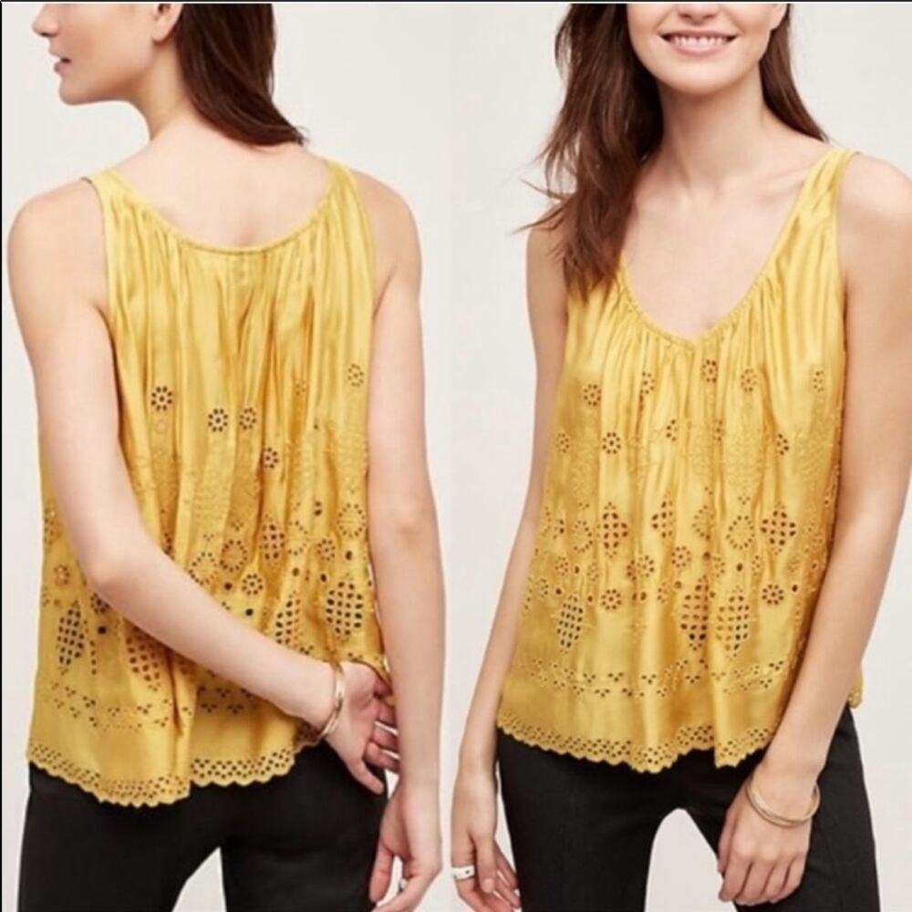 ANTHROPOLOGIE VANESSA Gold Bettina Eyelet Lace Swing Tank Top Blouse Shirt 8